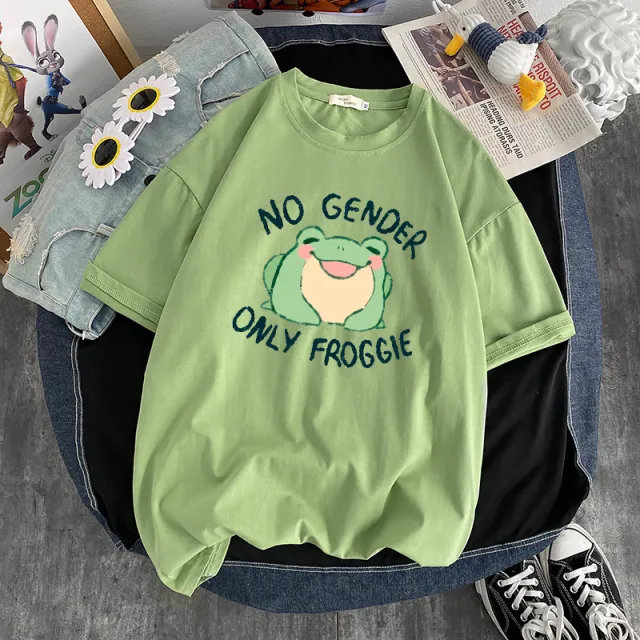 Frog Print Round Neck Loose Men's And Women's T shirt Green - Shop at LoveMi