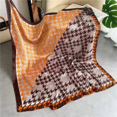Women's Square Scarf Cashew Satin Print - S11061 Houndstooth Grid - View 1