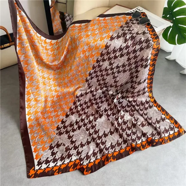 Women's Square Scarf Cashew Satin Print S11061 Houndstooth Grid - Shop at LoveMi