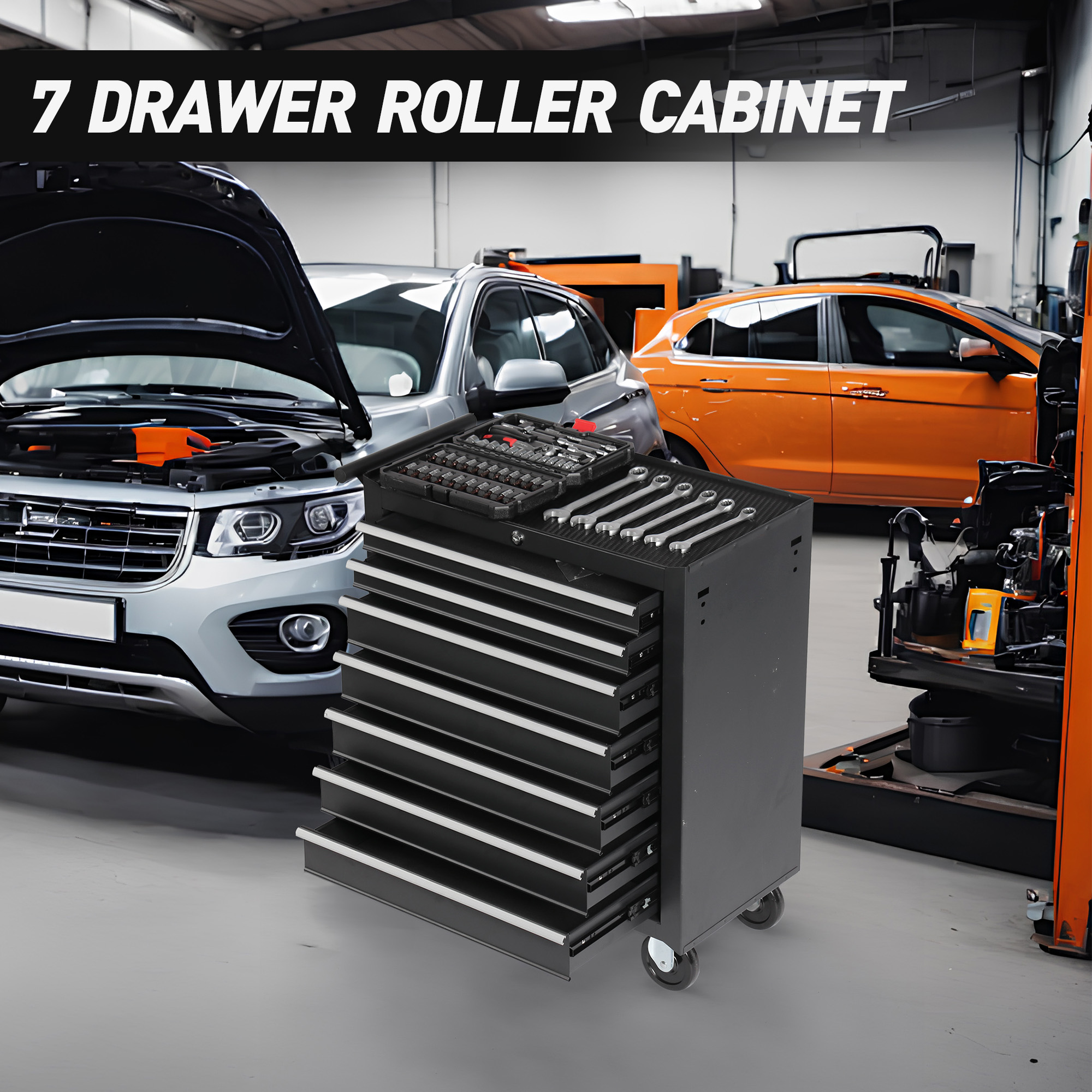 Rolling Tool Chest With 7-Drawer Tool Box With Wheels Multifunctional Tool Cart Mechanic Tool Storage Cabinet For Garage, Warehouse, Workshop, Repair Shop thumbnail 8