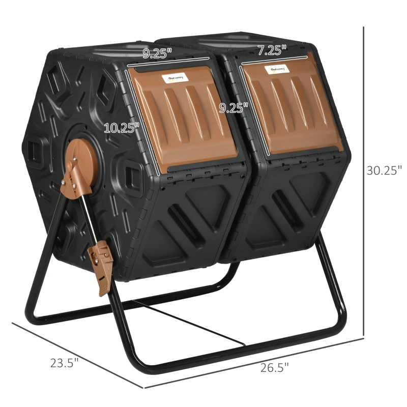 Dual Chamber Compost Tumbler Bin, Outdoor Tumbling Composter With 24 Ventilation Openings And Steel Legs, 34.5 Gallon