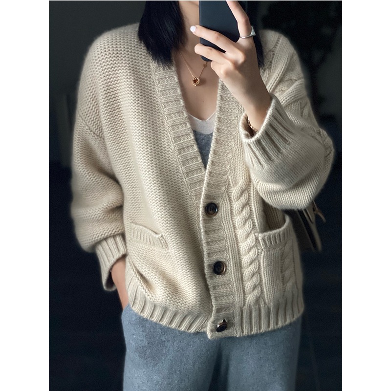 Women's Cashmere Twist Knit Sweater Jacket Apricot - Shop at LoveMi