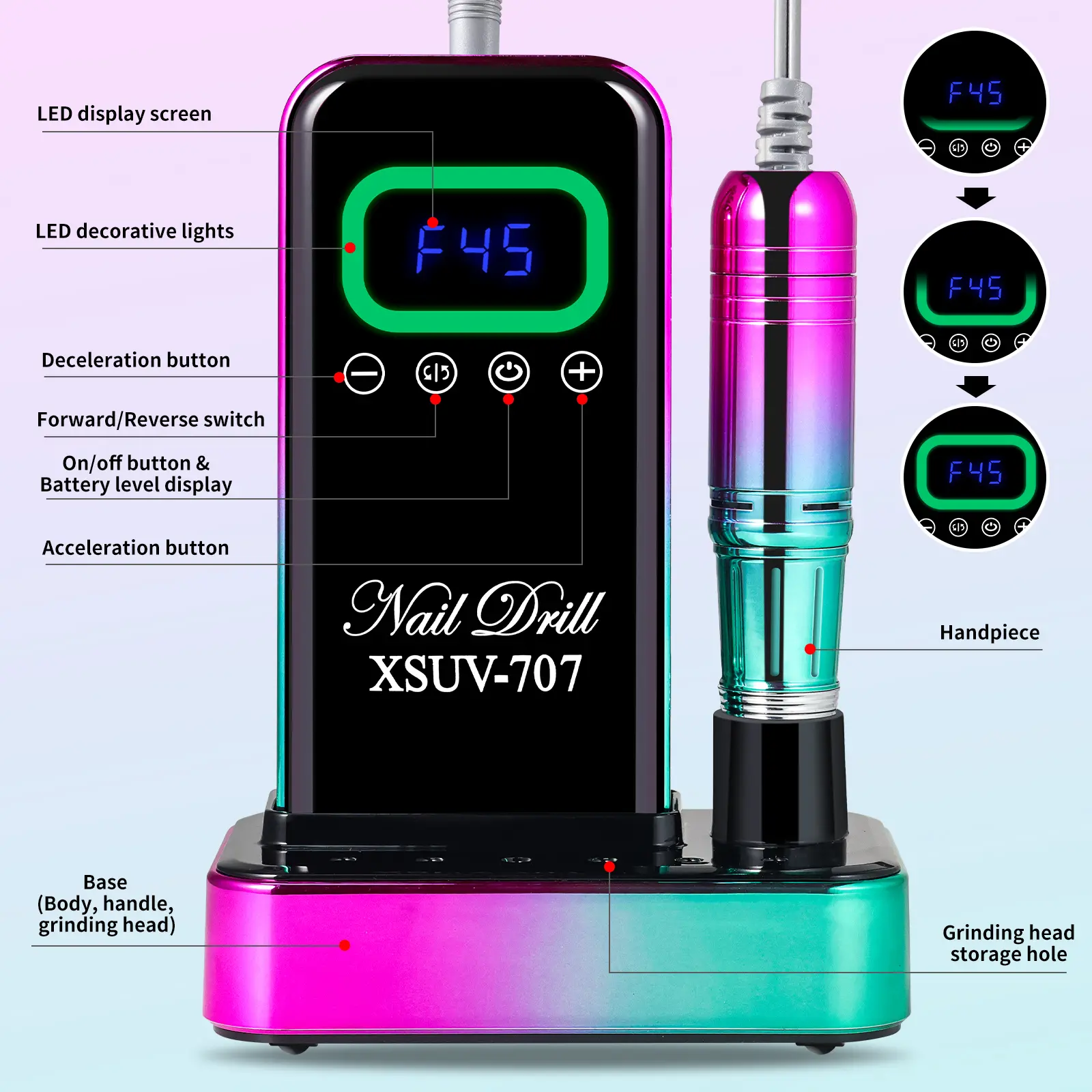 Cordless Nail Drill 45000 RPM, Rechargeable Electric Nail File Kit For Acrylic Gel Polishing Removing, Nail Drill Kit With Bits & Base, Portable Nail E-File Mac