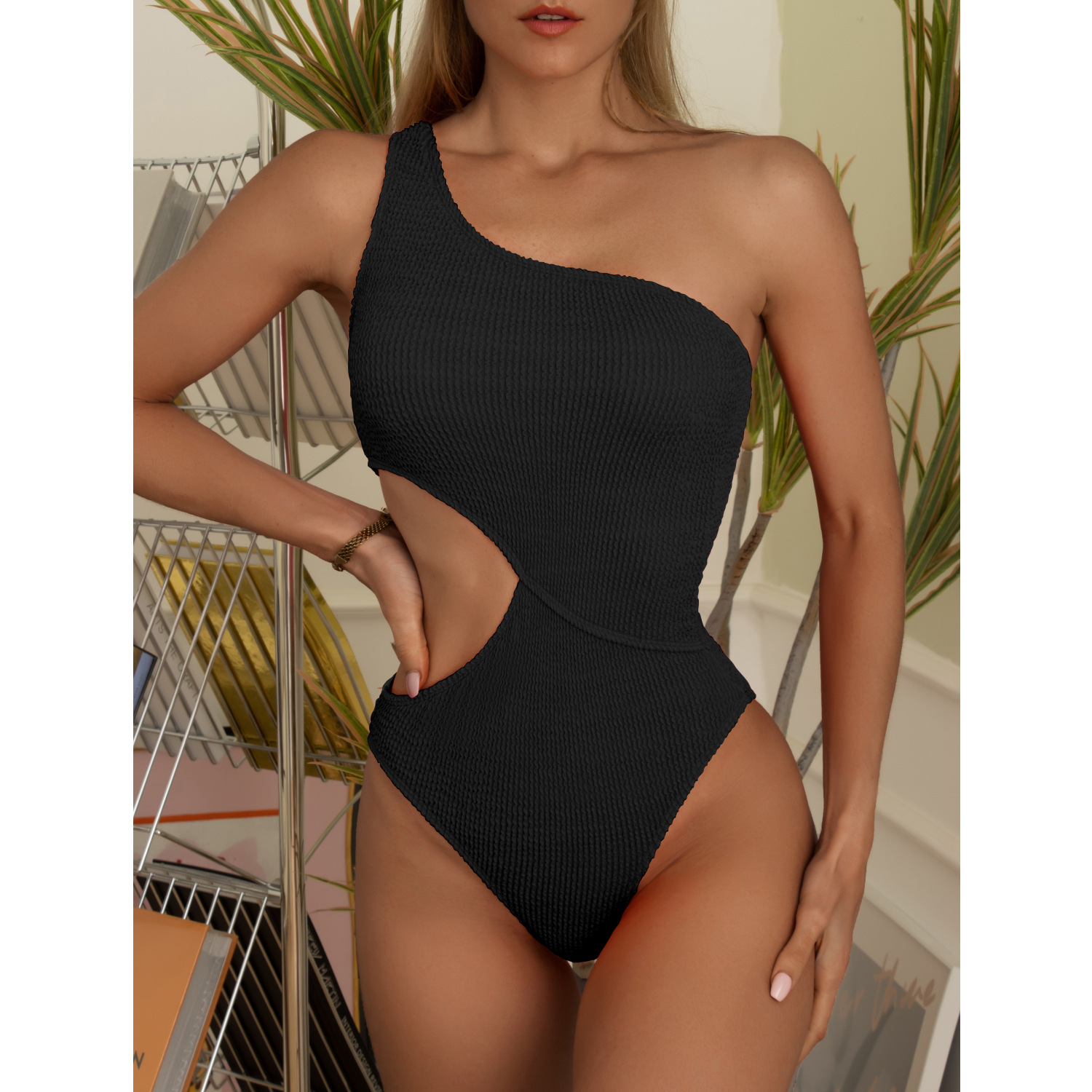 Swimsuit Womens One Piece Bikini Solid Color One Shoulder Swimsuit - Image 7