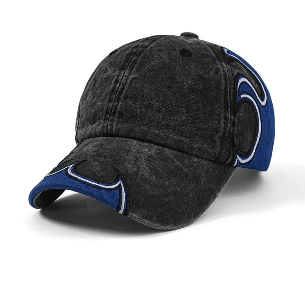 Men's And Women's Identical Color-blocked Flame Embroidery Edge Water-washed Fabric, Available In Multiple Colors. Fashionable Street Style Baseball Cap Suitabl
