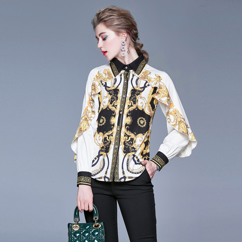 New Retro Palace Print Ruffled Slim-fit Fashion Print Shirt