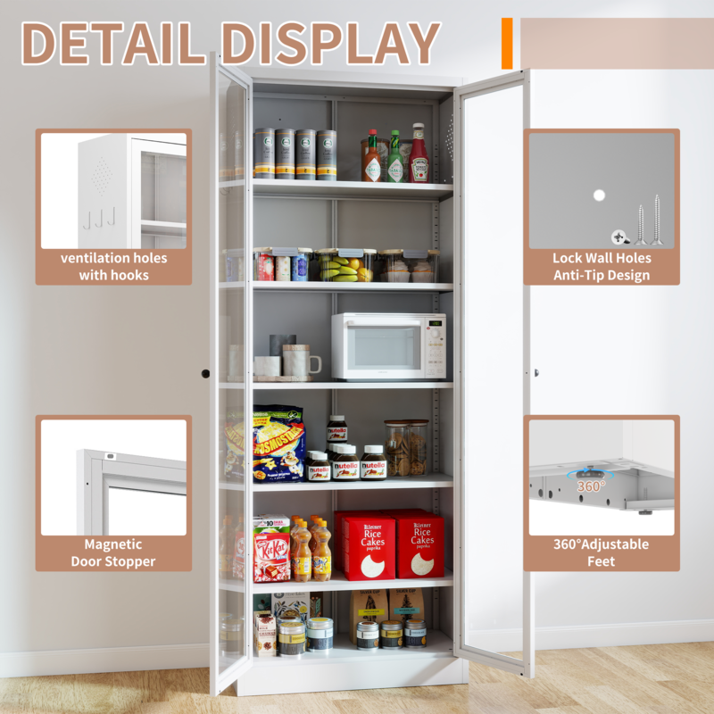 Metal Kitchen Pantry Cabinet - 72in Tall Storage W 5 Adjustable Shelves, White Freestanding Unit For Kitchen Pantry & Living Room 6