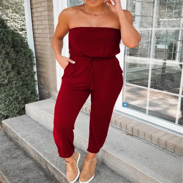Women's Fashion Casual Off neck Solid Color Jumpsuit Red - Shop at LoveMi