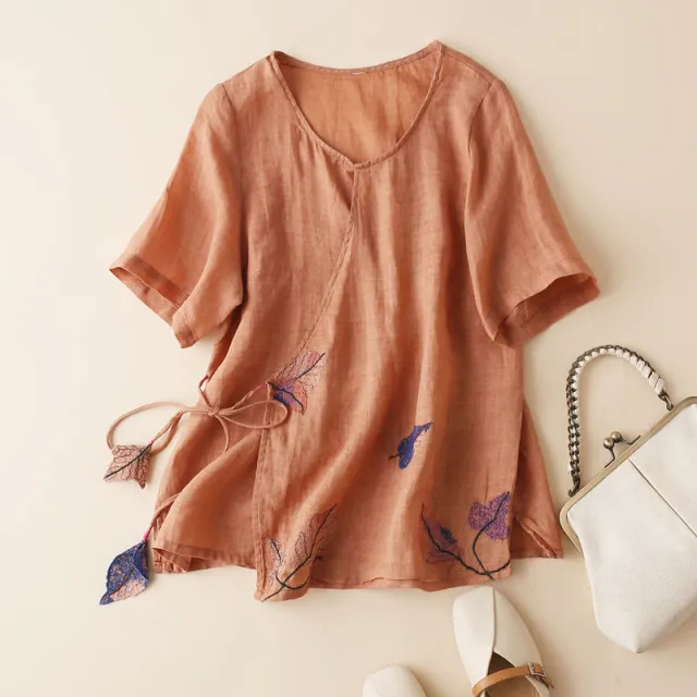 Leaf embroidered Diagonal lace Cotton And Linen Shirt Orange - Shop at LoveMi