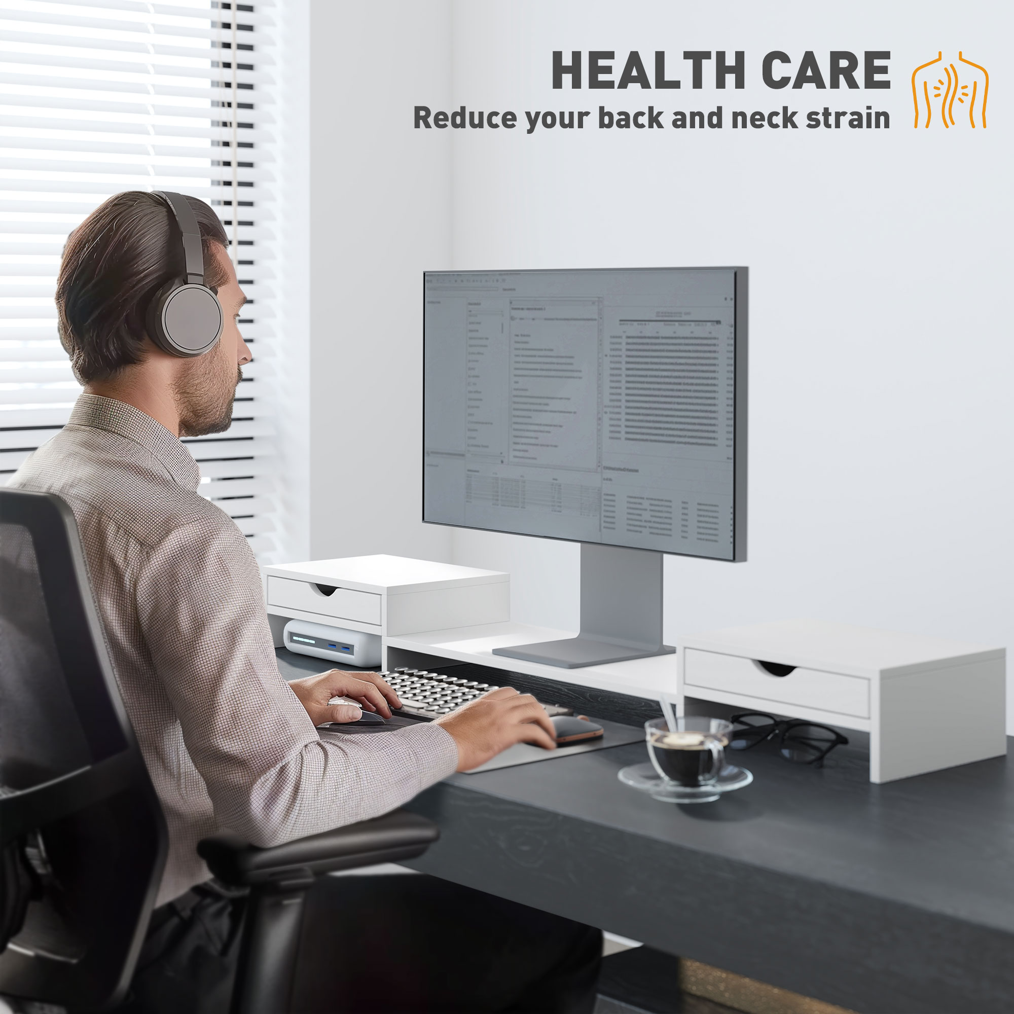 Dual Monitor Stand With 2 Drawers, Adjustable Length And Angle, 116cm Suitable — image 6