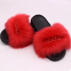 Faux Fox Fur Slippers Female Color Chain Plush Flip-flop Sandals And Slippers - Red - View 1