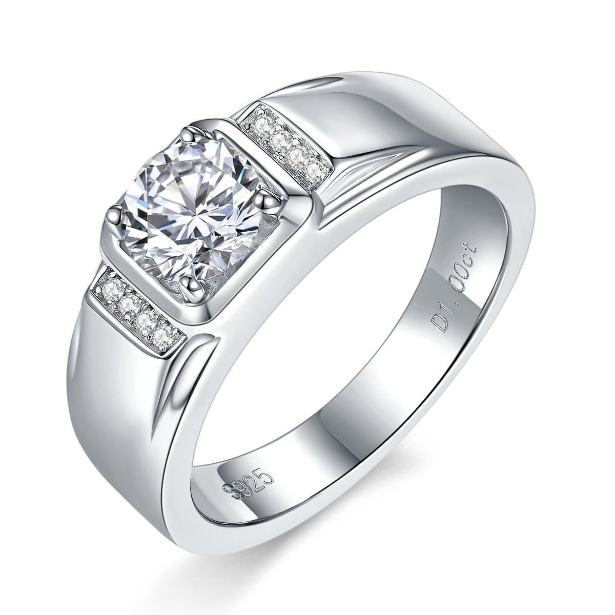 1 Carat Men Moissanite Ring S925 Sterling Silver  Classic Wide Band Engagement Ring With Pave Accents, Platinum Plated Wedding Band With GRA Certificate, Jewelry Gift Box Set