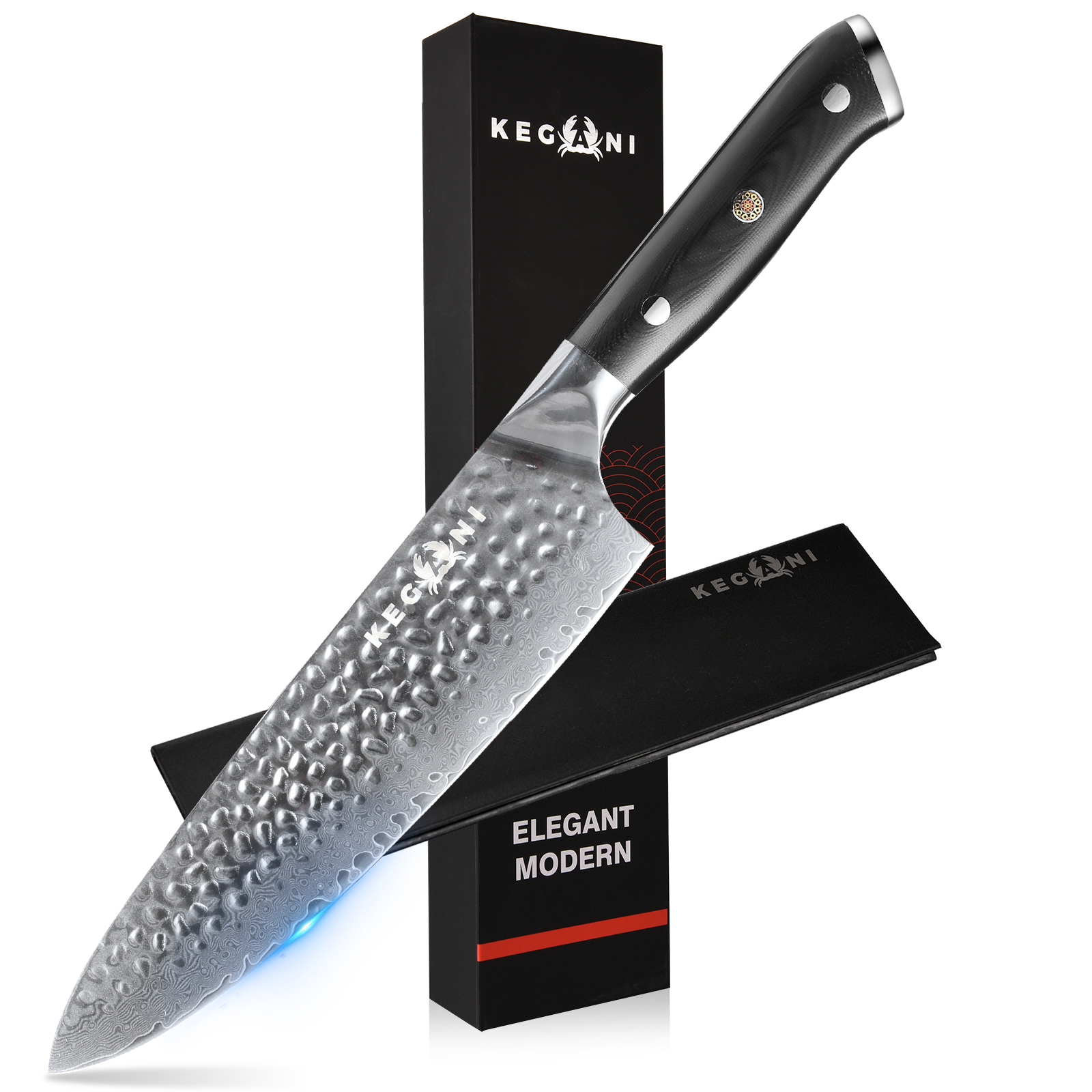 Kegani Chef Knife, 8 Inch Damascus Chefs Knife, Japanese VG10 Super Steel Hammered, G10 Handle Kitchen Knife, Classic Series