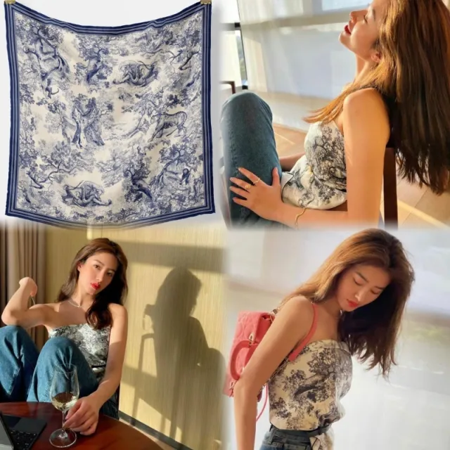 Women's Silk Scarf Strap Retro Tube Top Sun Protection Dark Blue Animal Jungle 90Cm - Shop at LoveMi