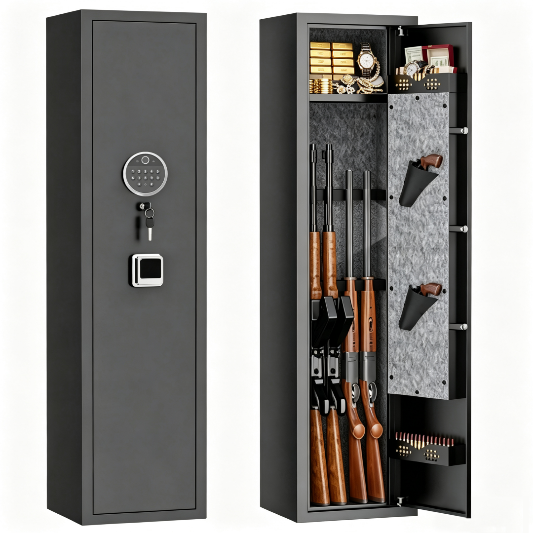 52 Inch High Black Rifle Safe, Biometric And Password Lock, Adjustable Gun Mount, Built-in Alarm System, No Assembly Required