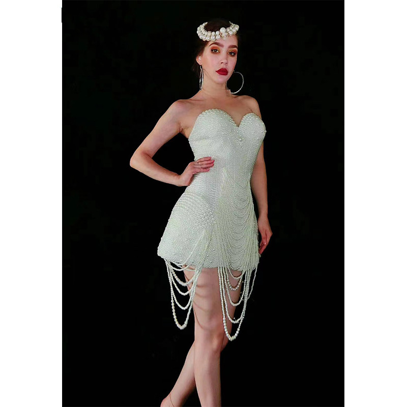 Women's Fashion White Beaded Tube Top Wrap Skinny Skirt