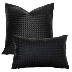 Woven Textured PU Leather Throw Pillow Cover - Black - View 1