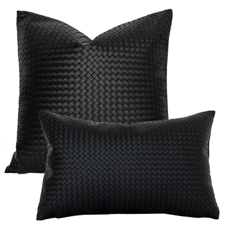 Woven Textured PU Leather Throw Pillow Cover - Black