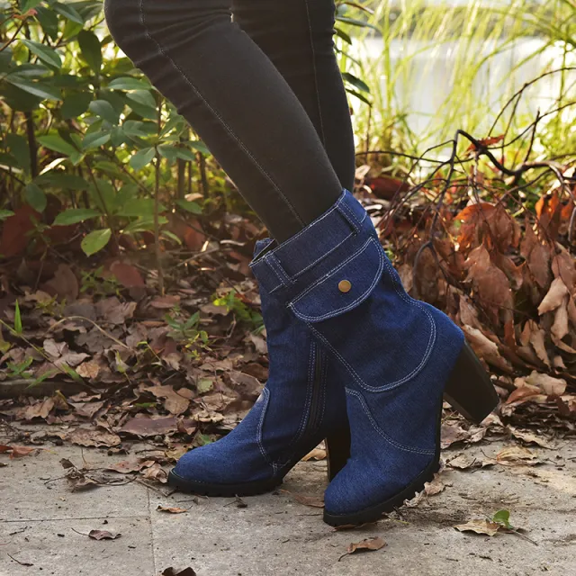 Plus Size High Heel Denim Mid Tube Women Boots Blue - Shop at LoveMi