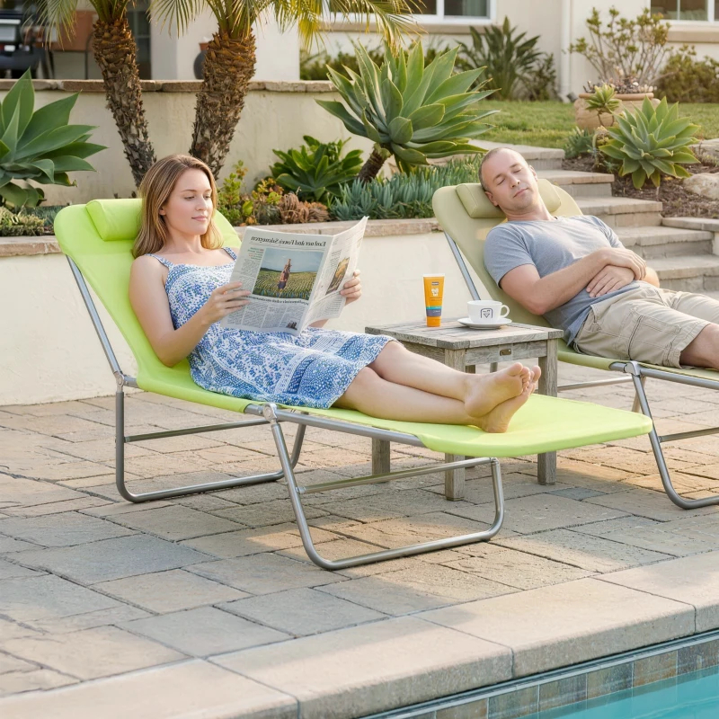Folding Chaise Lounge Pool Chairs, Outdoor Sun Tanning Chairs With Pillow, Reclining Back, Steel Frame & Breathable Mesh For Beach, Yard, Patio, Green — foto 2