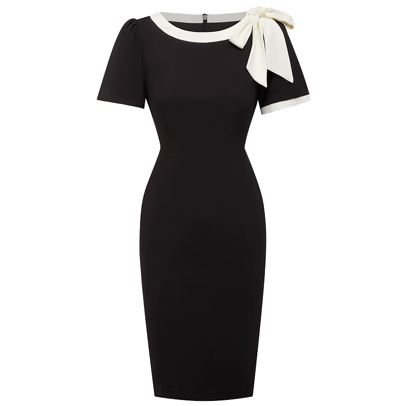 Women Crew Neck Short Sleeve Bow Color-Block Slim Fit Dress