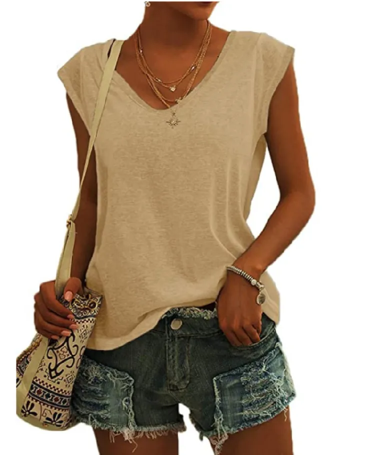 European And American Women's Simple V-neck Loose T-shirt - Khaki