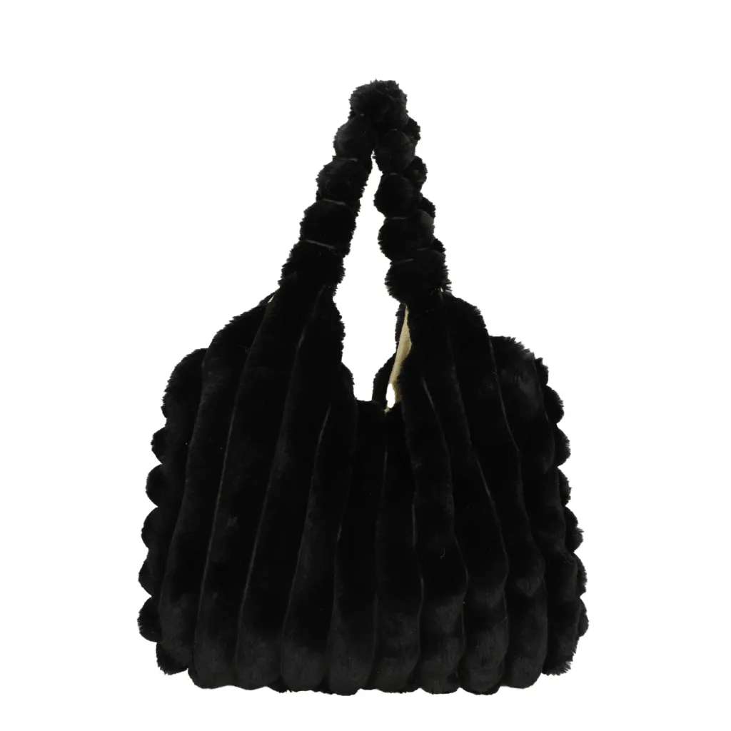 Striped Design Plush Bag Winter Fashion Shoulder Armpit Bags Large Capacity Furry Handbags Portable Cute Shopping Tote Bag - Black