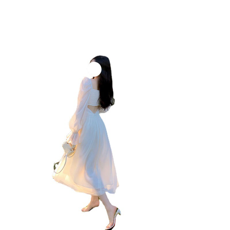 Square-Neck Bubble-Sleeve Dress