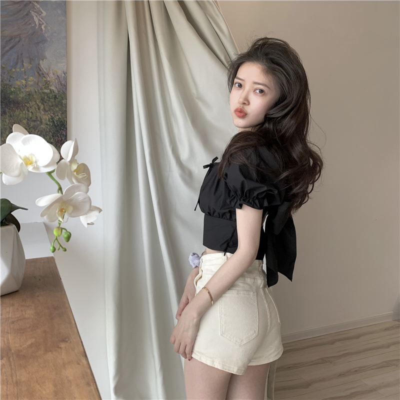 Title 16, Puff Sleeve Retro High Waist Slim Short Sleeve