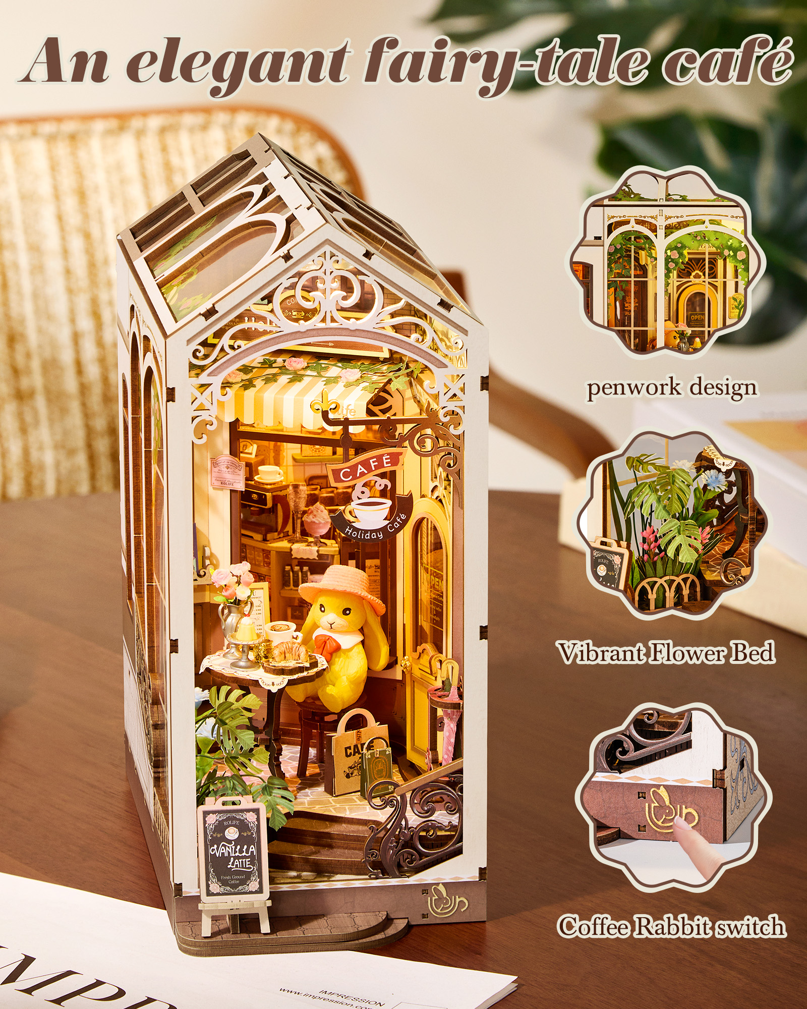 Rolife Holiday Cafe Reading Corner Set, DIY Mini House With Warm LED Lights, Glue-Free Assembly, Bookshelf Decoration, Creative Gift For Adults