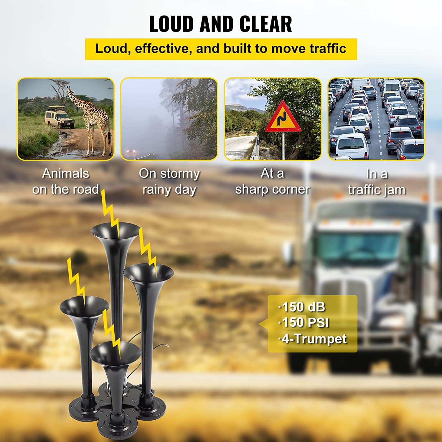 Air Horn Truck Train Horns Kit 12 Volt With Compressor 4 Trumpet 150db Black — image 4