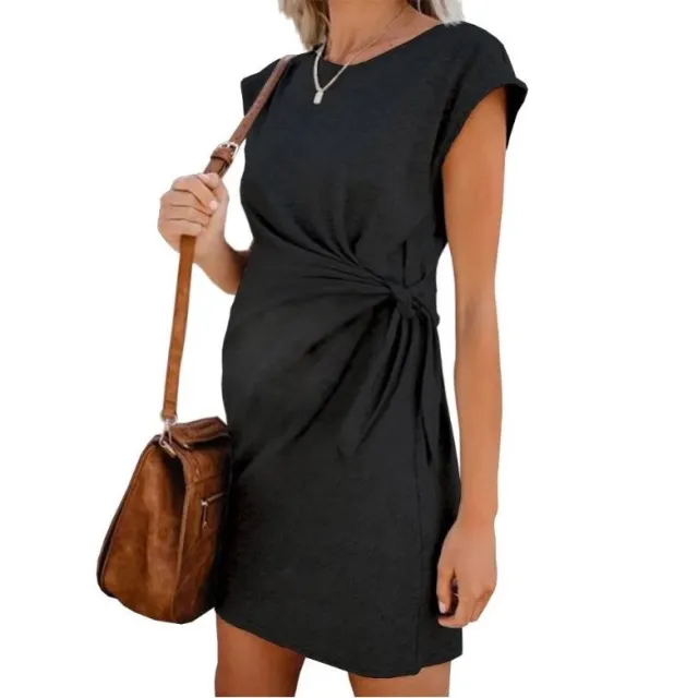Cotton Tie Round Neck Maternity Dress Black - Shop at LoveMi