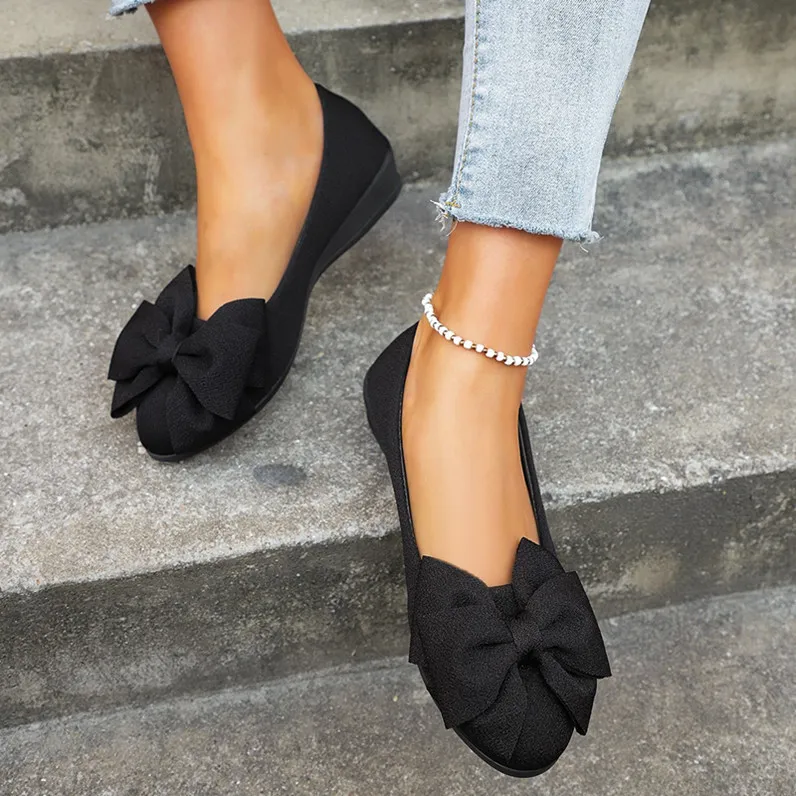 New Bowknot Flats Shoes Fashion Casual Round Toe Slip-on Shoes Loafers For Women - Balck-Size36