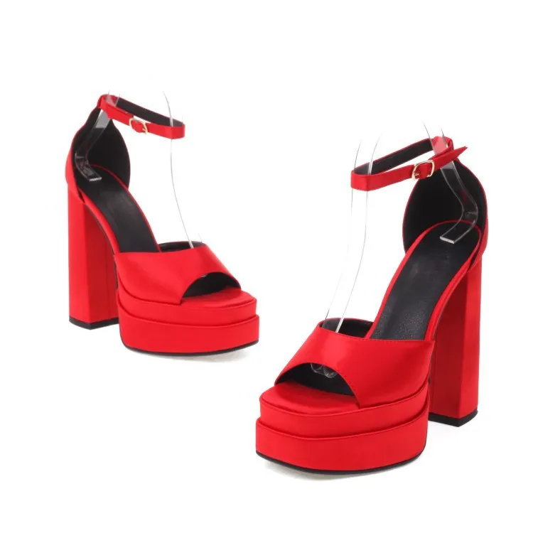 Silky Fish Mouth Chunky High Heel Sandals - Red