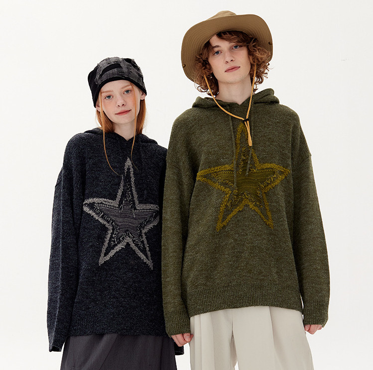 Hooded Knit Sweater Five Pointed Star Jacquard