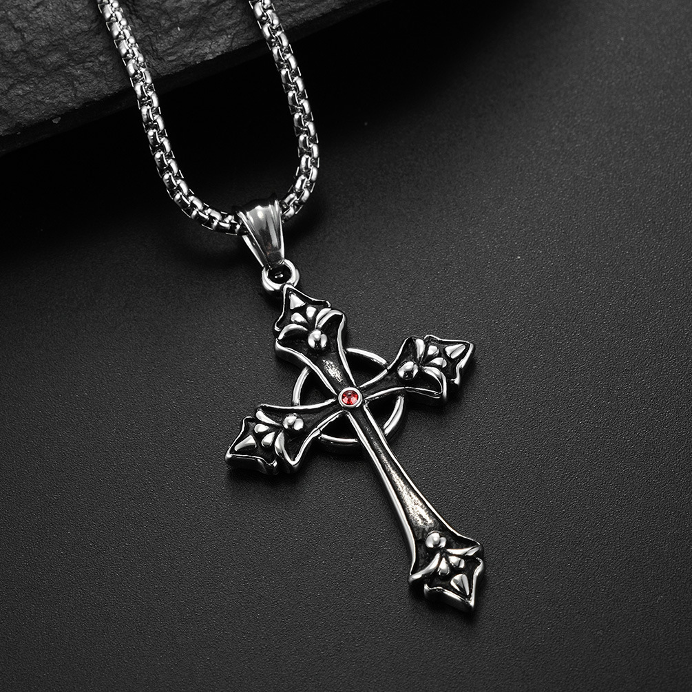 Titanium Steel Inlaid Garnet Red Diamond Cross Pendant