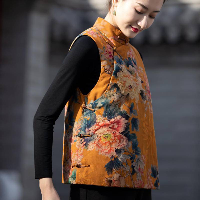 Women's Chinese Style Stand-up Collar Cotton Warm Sleeveless Vest
