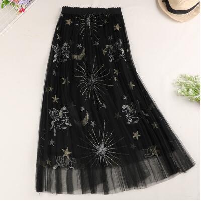 High Waist Mesh Embroidered Star Mid Length Pleated Skirt