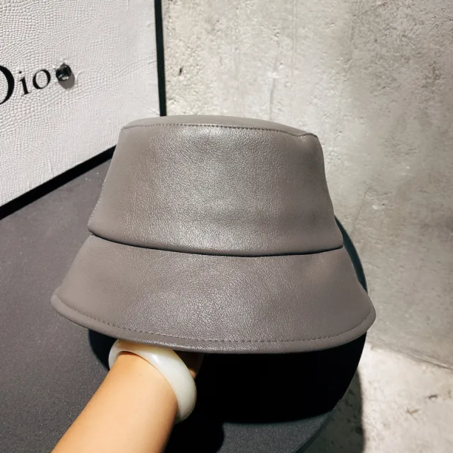 Textured PU Leather Fisherman Hat Unisex Basin Hat Wide Brim Cover Face Hat Gray - Shop at LoveMi