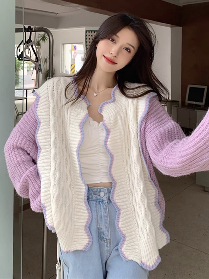 Fashion Women's Color Block Knit Cardigan Sweater
