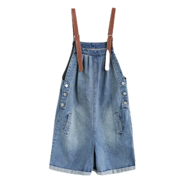 Korean Version Of The New Fat Sister Summer Contrast Color Shoulder Strap Denim Overalls 5 Points Blue - Shop at LoveMi