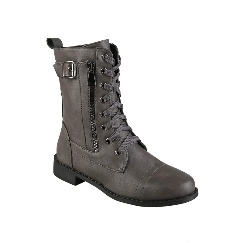 Side Zipper Lace-up Mid-tube Casual Women's Boots - Grey