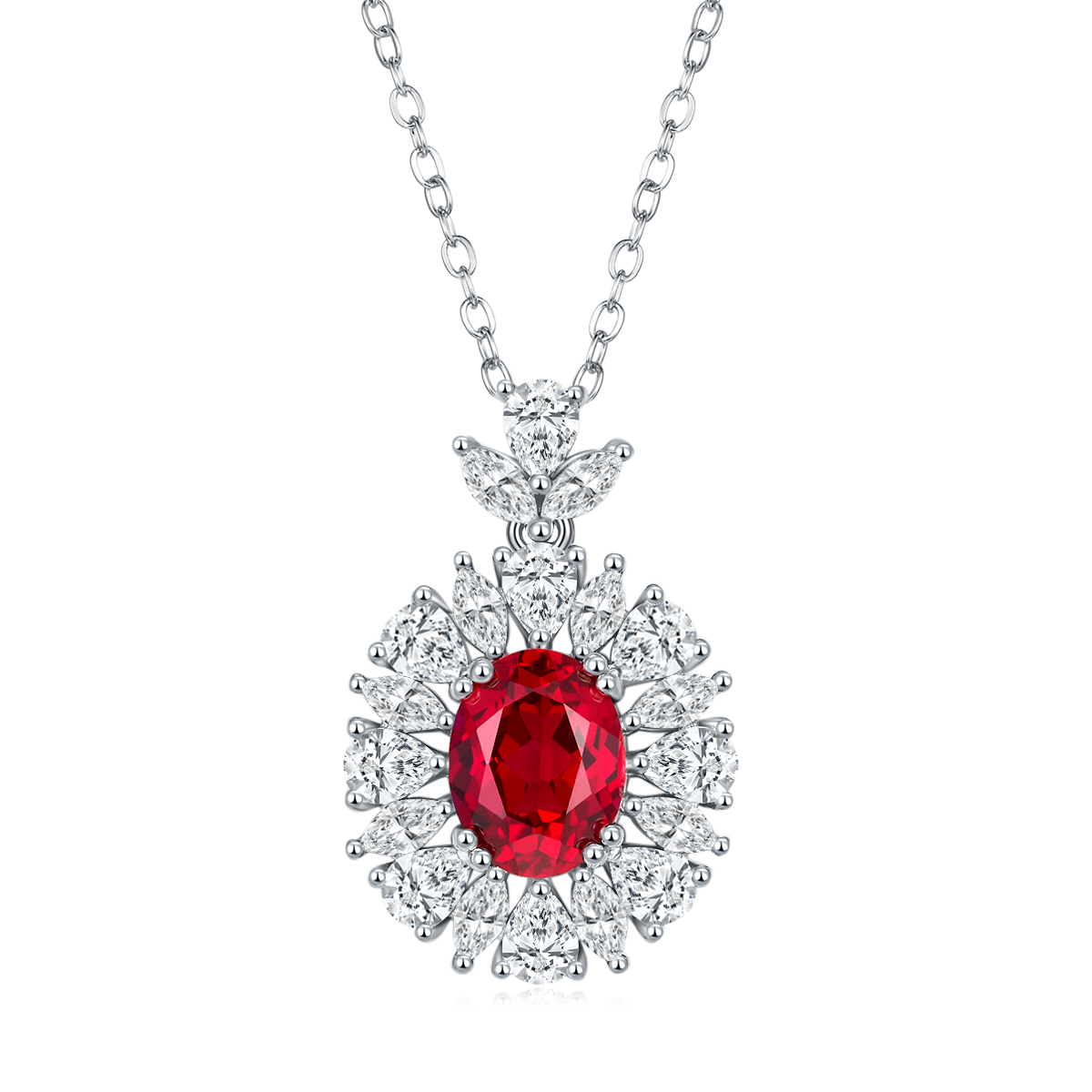 S925 Silver 4.6g Platinum Plated 2ct Lab-Created Ruby Necklace, 9x7mm Vintage Halo, 40&5cm