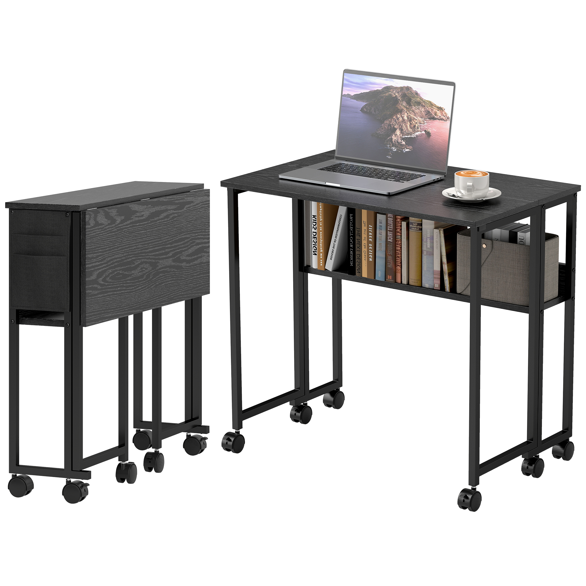 Folding Computer Desk, Foldable Desk With Storage Bag, Shelf And Wheels For Small Spaces, Home Office, Black Black - Shop at LoveMi