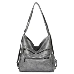 Double Zipper Shoulder Bag Women High Capacity Handbags Adjustable Backpack - Grey - View 1