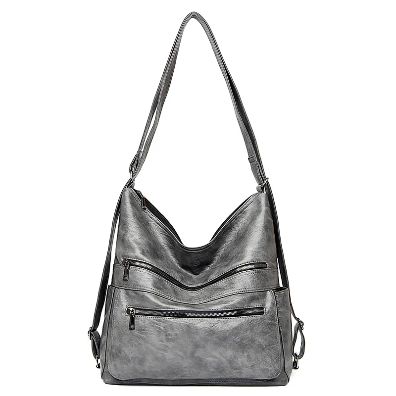Double Zipper Shoulder Bag Women High Capacity Handbags Adjustable Backpack - Grey