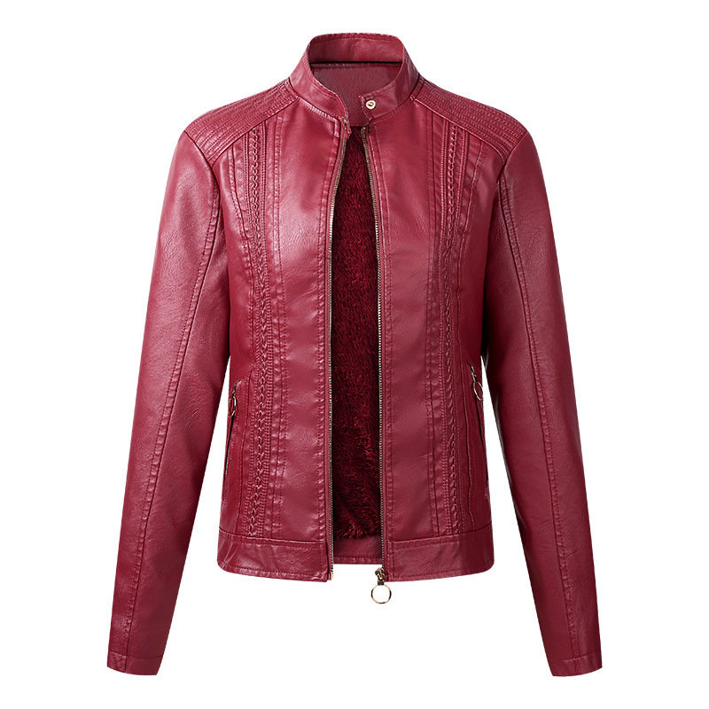 Long Sleeve Ladies Leather Jacket Pu Leather Women Short Red - Shop at LoveMi