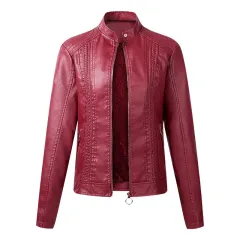 Long Sleeve Ladies Leather Jacket Pu Leather Women Short - Red - View 1