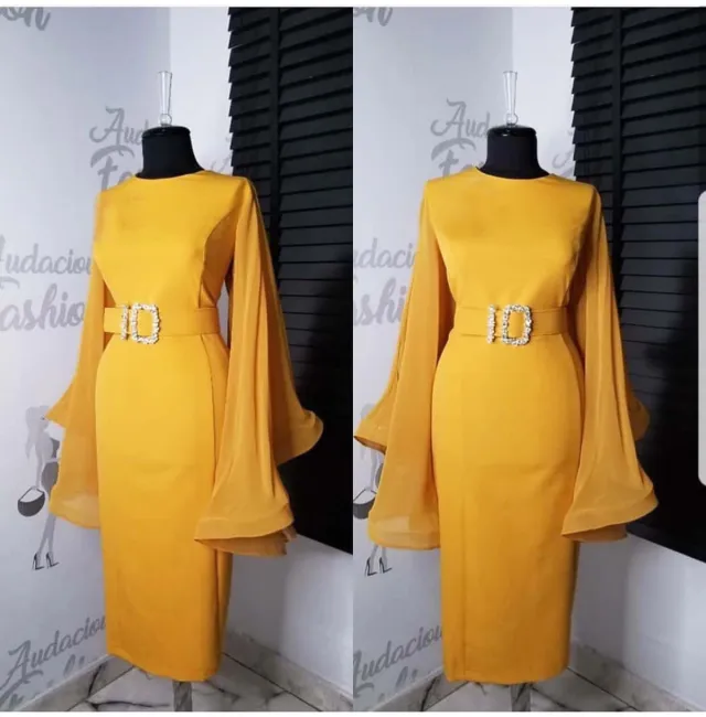 Big Flared Chiffon Sleeves With Large Diamond Belt Gold - Shop at LoveMi