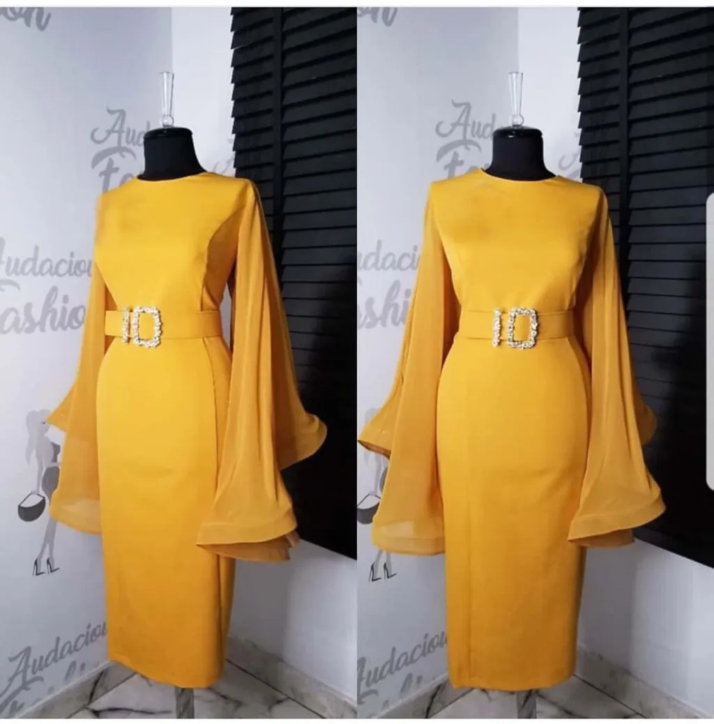 Big Flared Chiffon Sleeves With Large Diamond Belt - Gold